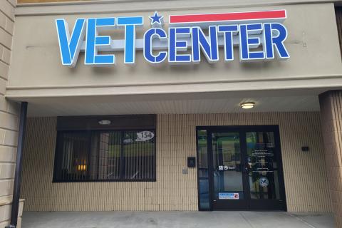 Vet Center storefront with blue and red sign.