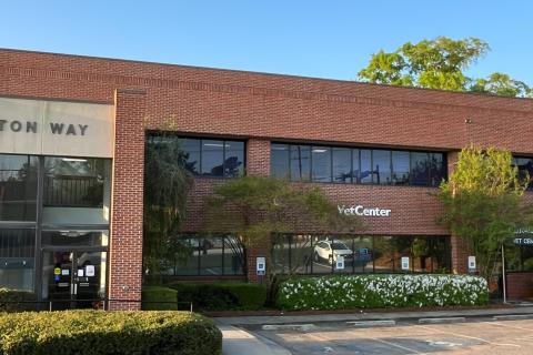 Brick office building with glass windows, bushes, and trees.
