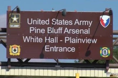 Sign reading "United States Army Pine Bluff Arsenal White Hall - Plainview Entrance"