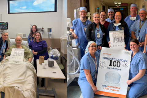 Collage of medical staff with a patient and in a hospital corridor holding a "100" sign.
