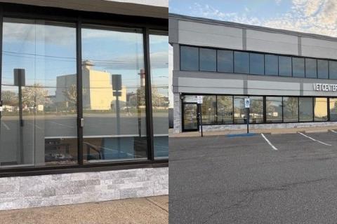 Collage of two photos: storefront with glass doors and windows, and an empty parking lot.