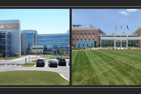 Collage of two photos: hospital entrance with cars, and expansive green lawn.