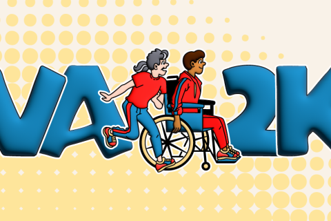 Graphic of woman pushing person in wheelchair, text reads VA2K.