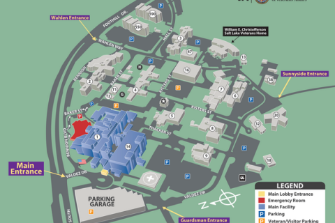 Map of George E. Wahlen VA Medical Center campus with main entrance, parking garage, and buildings. Legend indicates areas like emergency rooms and parking.