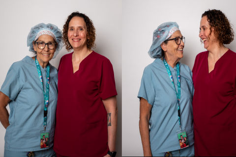 Collage of two images: three women in scrubs smiling, one in red, two in blue.