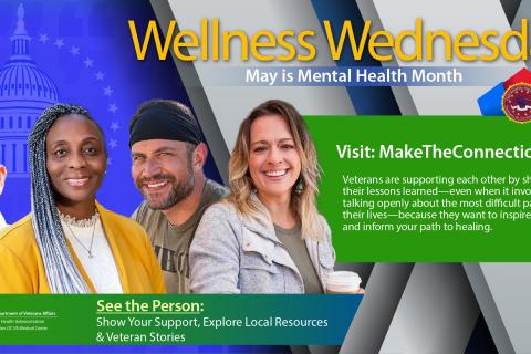Four smiling people and text "Wellness Wednesday" for Mental Health Month.