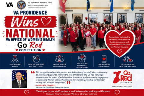 Poster for VA Providence winning national Go Red competition with group photo, logos, and quote.