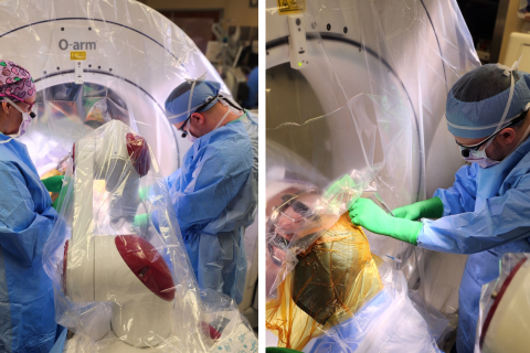 Two photos of medical staff performing surgery in a hospital.