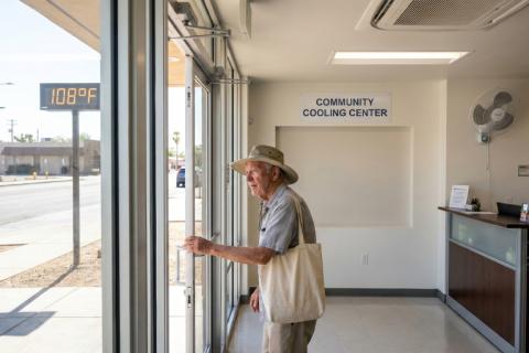Elderly man wearing hat opens door of community cooling center.
