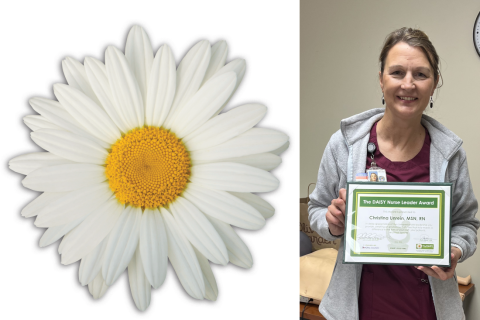 Hutchinson CBOC Nurse Manager Christina Unrein with her leadership award and the DAISY logo.