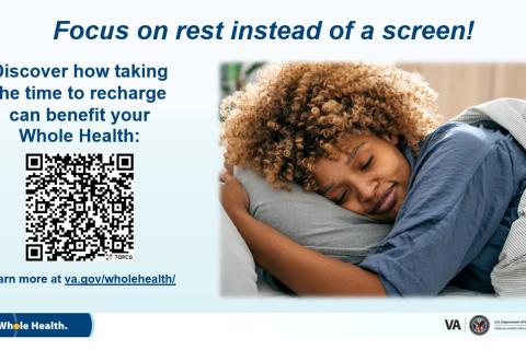 A woman with curly hair sleeping on a pillow with a QR code and text.