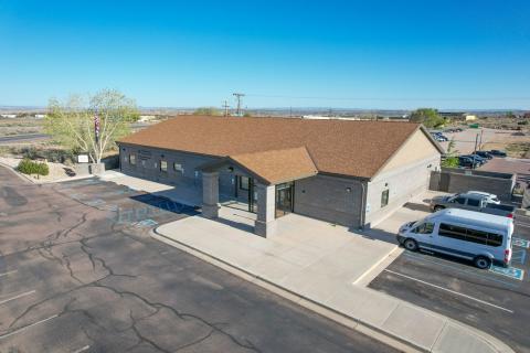 Aerial view of a one-story building with brown roof and white van parked outside.