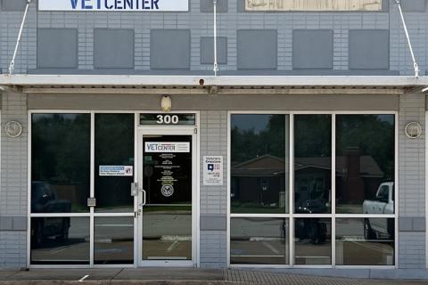 Vet Center building exterior with glass doors and windows.