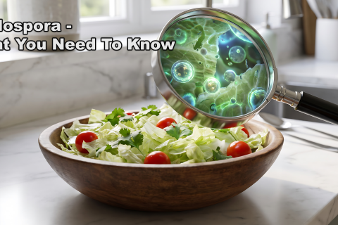Graphic of magnifying glass over bowl of salad with text "Cyclosporiasis: What You Need To Know"