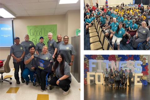 Collage of photos: group posing, large crowd, and "Fitness for Life" sign.