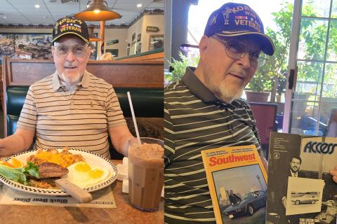 Collage of an older man eating and another holding a book.