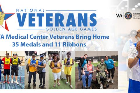 Collage of veterans in sports attire with text "National Veterans Golden Age Games".