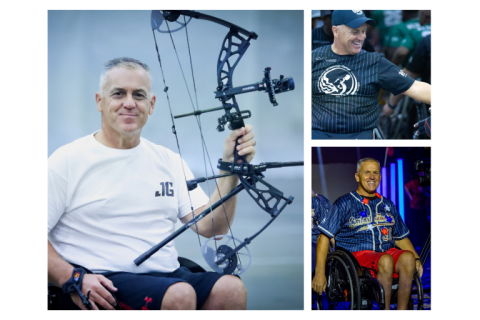 Collage of three photos: man with recurve bow, man in wheelchair, and man on stage.
