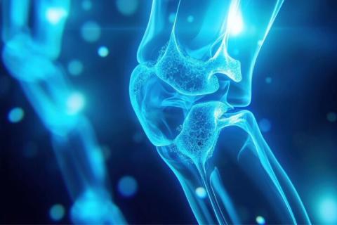 Graphic of a knee with glowing blue light, highlighting joint structure and bones.