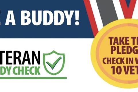 Banner for Veteran Buddy Check program with medal graphic.