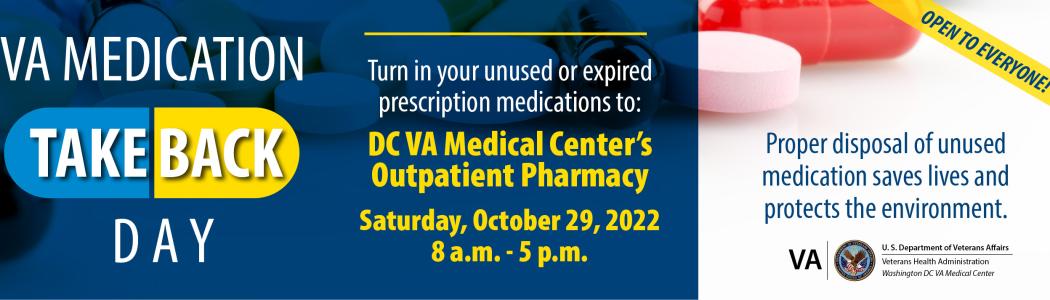 Graphic highlighting the date, time and location of Washington DC VA Medical Center's Medication Take Back Day.