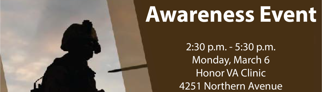 Honor VA Clinic PACT Act awareness event poster depicting a silhouette of a combat veteran holding a rifle with the event information.