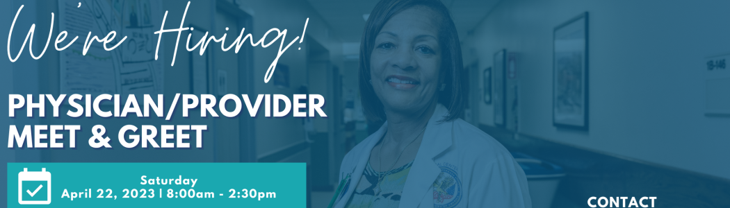 Department of VA logo, physician in white coat smiling. Physician Provider Meet and Greet flyer