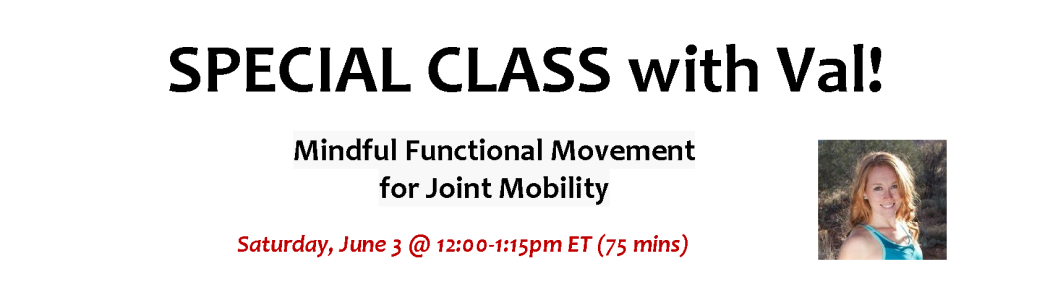 Flyer: Ompractice - Special Class with Val, Saturday, June 3, 2023, 12:00 p.m. – 1:30 p.m. Mindful Functional Movement for Joint Mobility. Virtual class. Register / sign-in at https://app.ompractice.com/veteransaffairs