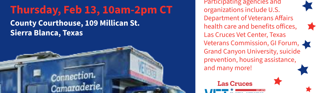 Hudspeth County-Veteran Resources Pop-Up
Thursday, Feb. 13, 2025 10am-2pm CT
Hudspeth County Courthouse, 109 Millican St. Sierra Blance, TX