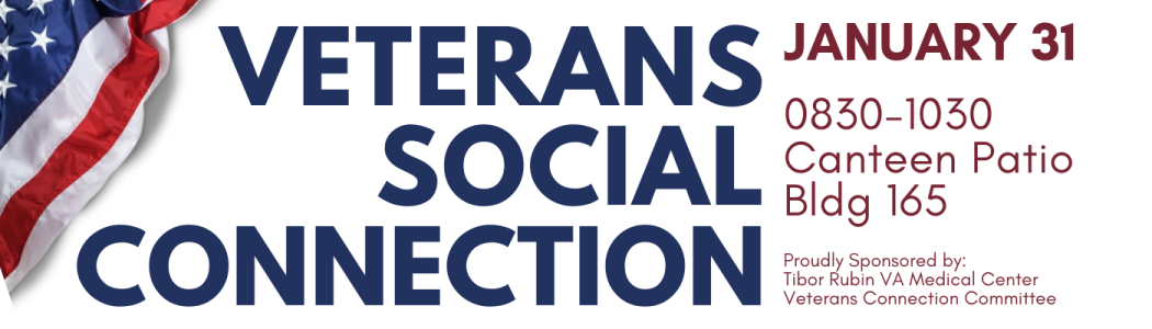 Information about Veterans Social Connection with American flag draped across left corner/side