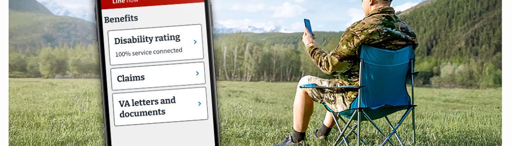 Graphic showcasing VA's health and benefits mobile app, motivating individuals to take the first step towards downloading the app.