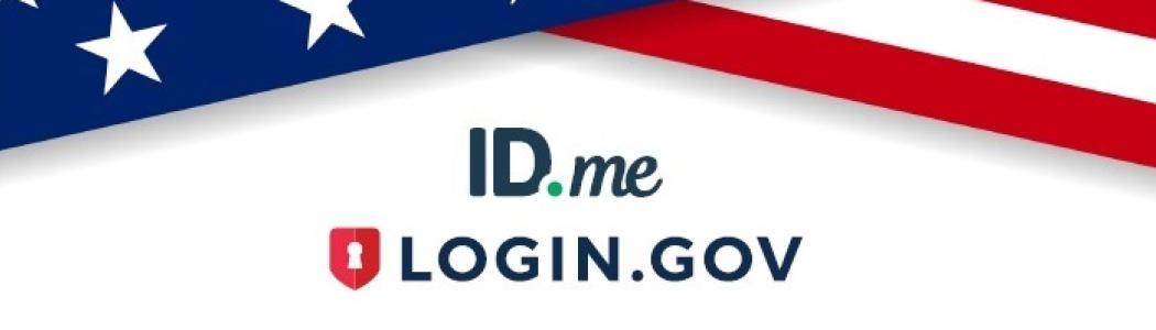 ID.me and Login.gov creation assistance flyer with flag background.