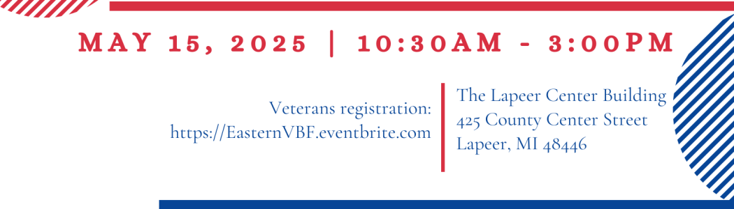 An American flag themed flyer with event information and VA logos.