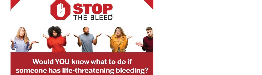 Stop the Bleed flyer, 5 people shrugging.