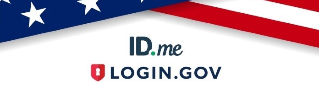 ID.me and Login.gov creation assistance flyer with flag background.