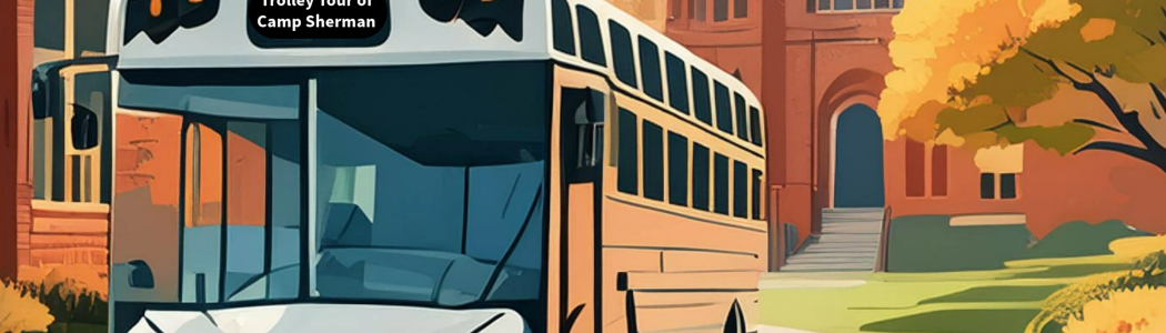 a tour bus next to brick buildings