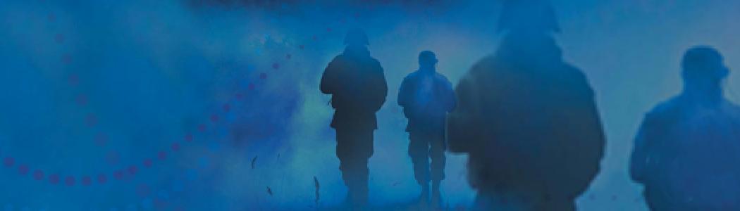 Blue event graphic with military silhouettes