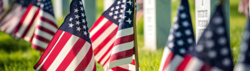 American flags at a cemetery