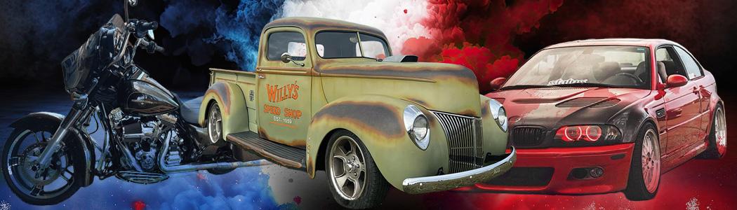 Motorcycle, classic truck, hot rod car
