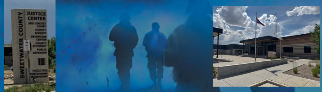 Sweetwater Justice Center sign, military members in fog  and  Justice Center entrance photo on banner
