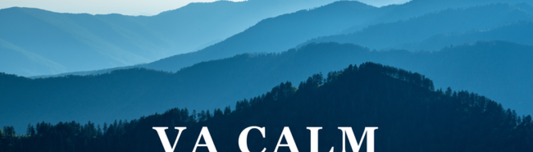 The design showcases serene layered blue mountains with "VA Calm" in bold white and "An 8-week mindfulness class for veterans" in smaller yellow.