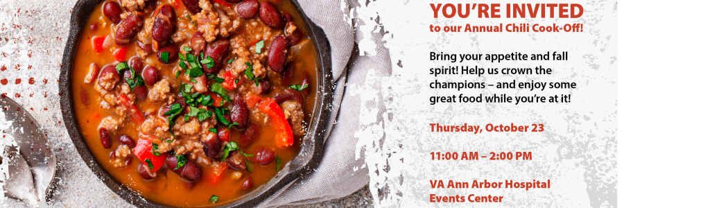 Chili cook-off poster with date time and location. Bowl of chili in a cast iron pot.