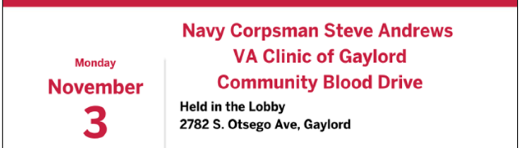 blood drive information in red text, plus a QR code for more information.