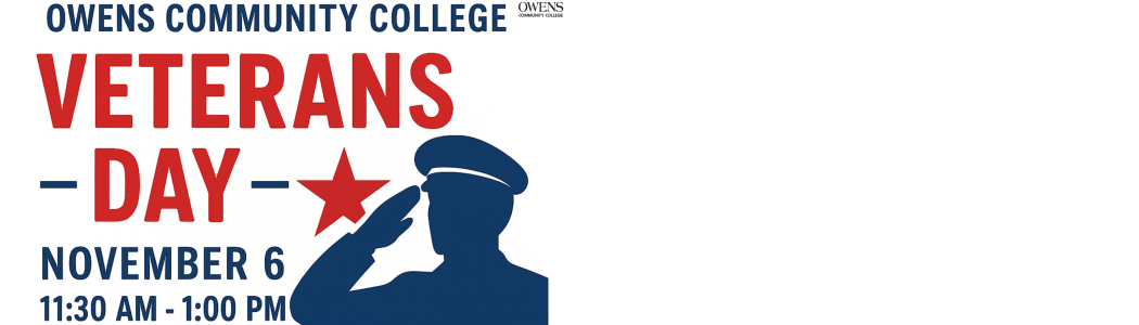 Owens Community College Veterans Day Lunch flyer with date and time. Male silhouette on right side saluting. 
