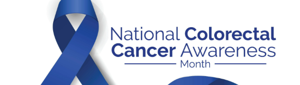 Blue ribbon with "National Colorectal Cancer Awareness Month" text.