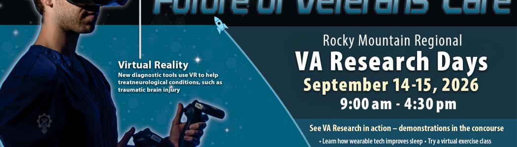 Poster for VA Research Days, showing man in VR headset holding controller.