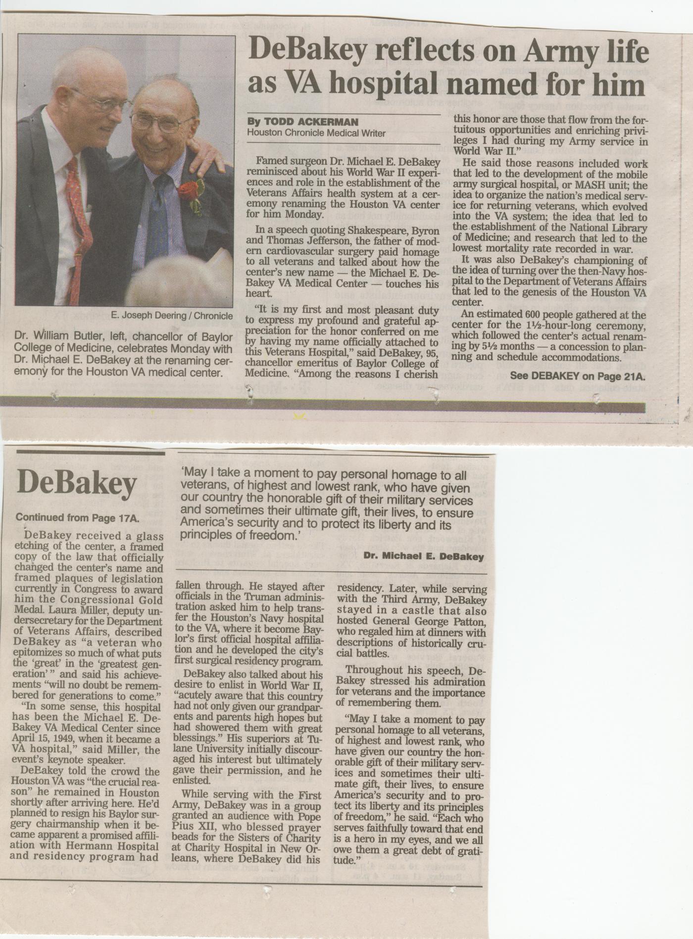 Houston Chronicle article on Houston VA Medical Center being named for him.