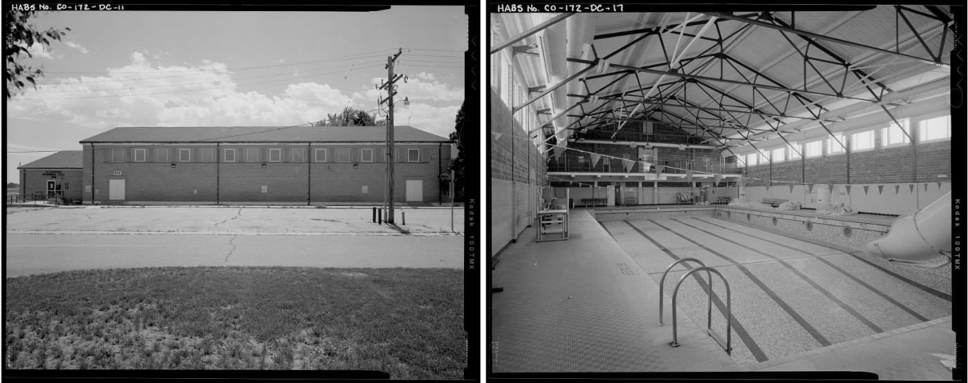 Outside of swimming pool building on the left; pool area on right