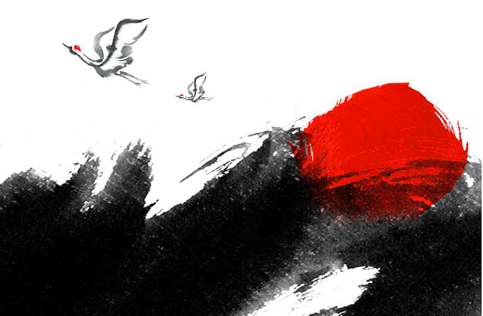 Painting of two birds flying over abstract wave-like image