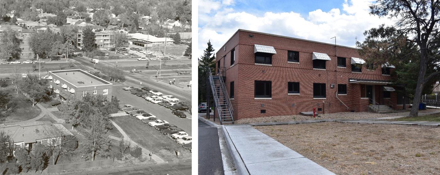 Left: Building 4 - Circa mid-1960s. Right: West Elevation, Building 4 - Photo taken 2020.